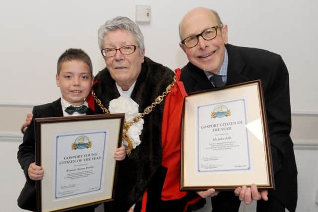 The new mayor of Gosport Linda Batty with youth award winner Ronnie Anson Hazlie, nine, and citizen of the year award winner John Jeffs, 71 Picture: Sarah Standing (170656-8158)