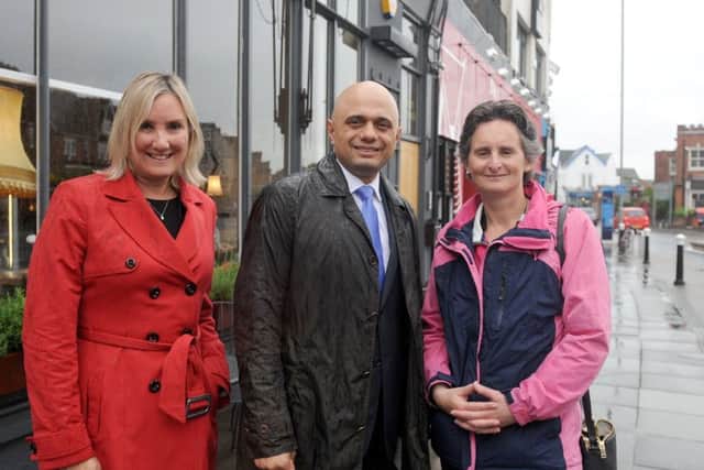 Sajid Javid in Southsea with parliamentary candidates Caroline Dinenage (Gosport) and Flick Drummond (Portsmouth South)