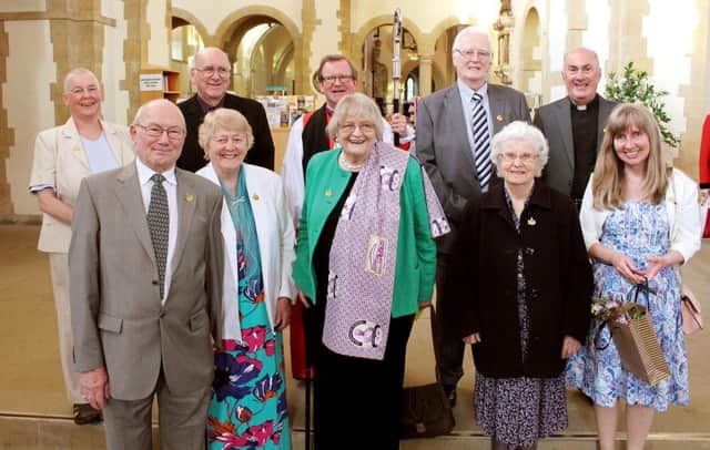 Bishop Christopher Foster, centre, with, recipients of the St Thomas Award. From back left, Rose Ashton, John Green, Bishop Christopher, Alan Hoad, the Rev Michael Harper. Front, Brian and Beulah Walters, Canon Marion Syms, Bunty Alderton and Jenny Tait.