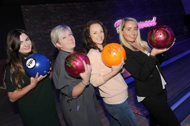 Pictured at Hollywood Bowl, Gunwharf Quays, are, from left: Amy Pickance (24) from Southsea, Nikki Jones (35) from Hilsea, Jay Powell (38) from Romsey and Rebekah Reynolds (28) from North End.Picture: Sarah Standing (170660-2198)