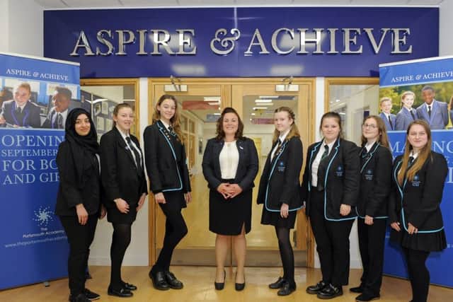 From left, Nimra Safi, Joely Chittenden, Olivia Grant-Hammett, principal Natalie Sheppard with Laura Day, Katie-Louise Southam, Sarah Musson, and Chloe Abraham Picture:  Malcolm Wells (170518-3678)