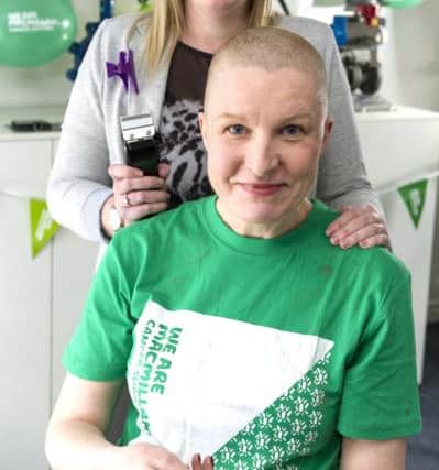 Teresa Standen after the shave and, below, before the chop