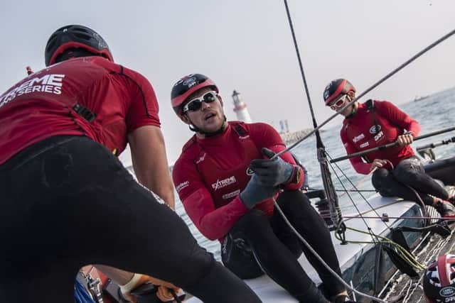 Rob Bunce in action for the Land Rover BAR team during Act 2 of the Extreme Sailing Series.  Picture: Xaume Olleros / OC Sports