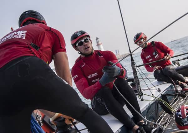 Rob Bunce in action for the Land Rover BAR team during Act 2 of the Extreme Sailing Series.  Picture: Xaume Olleros / OC Sports