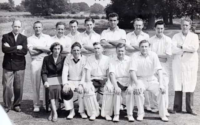 Possibly taken at Bidbury Mead, Bedhampton. Can anyone recognise this cricket team? Les Pond is fourth from right standing.