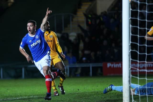 Enda Stevens celebrates his goal at Newport. Picture: Joe Pepler