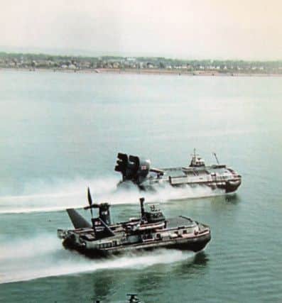 From the top: an  SRN6, a BH7 and a VT2 (Vosper Thornycroft 2) speed along the Solent. An historic picture from 1982 as the three craft travelled in close formation along the Solent and past Daedalus slipway at Lee at the closing of the Naval Hovercraft Trials Unit based at HMS Daedalus.