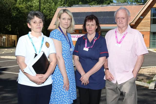 Rowans staff, from left: Maggi HardCastle, Amanda Mahoney, Tracey Jeffery and Doug Bowen outside the centre where lead was stolen from the roof     Picture: Habibur Rahman PPP-170526-162118001