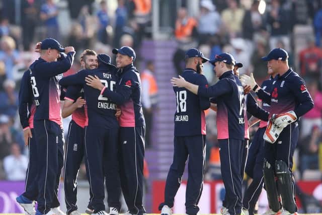 England celebrate victory over South Africa at the Ageas Bowl
