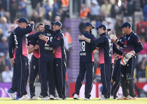 England celebrate victory over South Africa at the Ageas Bowl