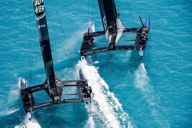Land Rover BAR in action against Artemis Racing. Picture: Ricardo Pinto/ America's Cup