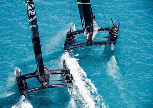Land Rover BAR in action against Artemis Racing. Picture: Ricardo Pinto/ America's Cup