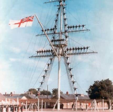 Mast manning at HMS Ganges. John Noakes failed to get to the top but but stood on the trestletrees below the button boy.