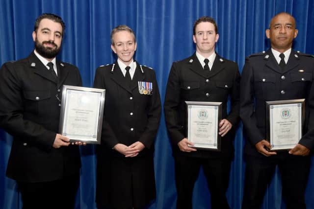 The award winners with the Chief Constable of Hampshire, Olivia Pinkney (second from right). From left: PC Colin Kirby, response and patrol Cosham; PC Guy Hall, from the dog support unit and Special Constable Joseph Honey, from Southsea