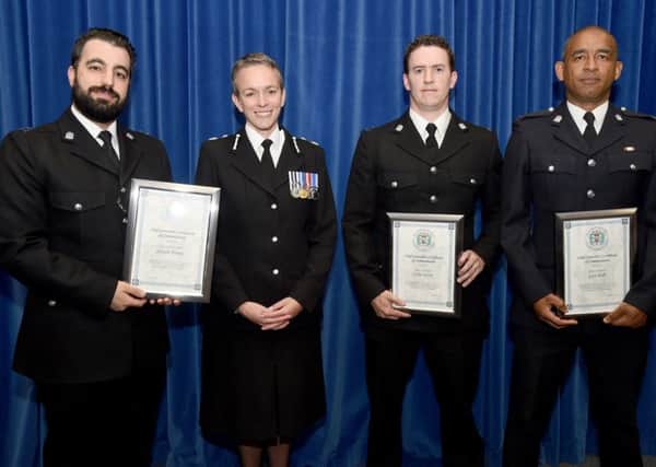 The award winners with the Chief Constable of Hampshire, Olivia Pinkney (second from right). From left: PC Colin Kirby, response and patrol Cosham; PC Guy Hall, from the dog support unit and Special Constable Joseph Honey, from Southsea