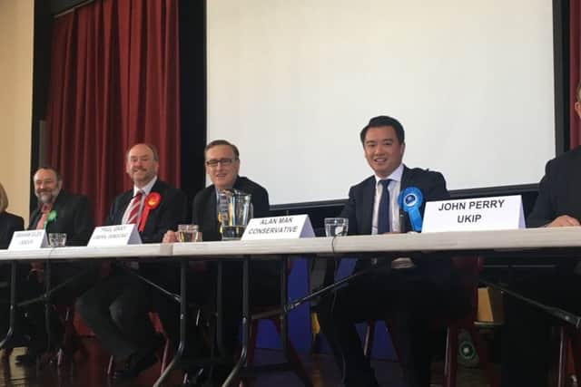 Candidates at the Havant hustings, from left, Ann Buckley, Independent; Tim Dawes, Green Party; Graham Giles, Labour Party, Paul Gray, Liberal Democrats; Alan Mak, Conservatives, and John Perry, Ukip.
