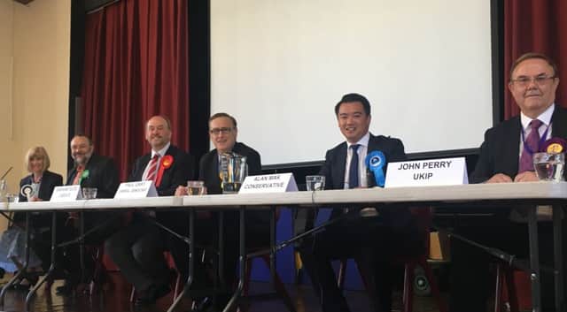 Candidates at the Havant hustings, from left, Ann Buckley, Independent; Tim Dawes, Green Party; Graham Giles, Labour Party, Paul Gray, Liberal Democrats; Alan Mak, Conservatives, and John Perry, Ukip.