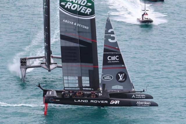 Land Rover BAR edge ahead of Softbank Team Japan during their first round-robin race in Bermuda today. Picture: Gilles Martin-Raget