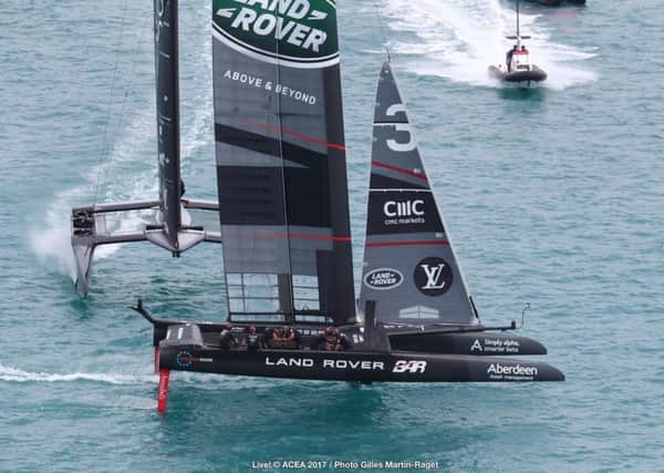 Land Rover BAR edge ahead of Softbank Team Japan during their first round-robin race in Bermuda today. Picture: Gilles Martin-Raget