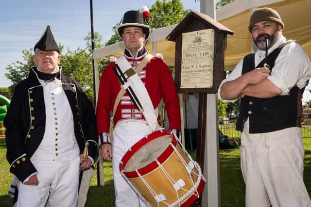 HMS Collingwood Open day and Field Gun Competition. - "Deed Arms players, 3rd Lt, Lt Mould HMS Temeraire akaSteve Wittingham, Greg Daily and Graham Ashford". PPP-170406-164503001