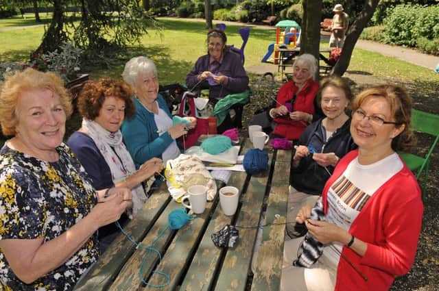 Elizabeth Caush, far right, with knitters at 2015s Worldwide Knit in Public Day