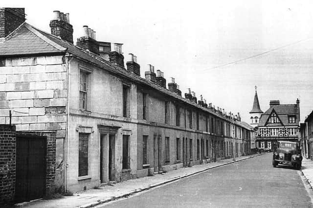 Henrietta Street with The Mystery pub at the end in June 1964. Inset is the original picture of the backs of some of these homes, complete with tin baths.