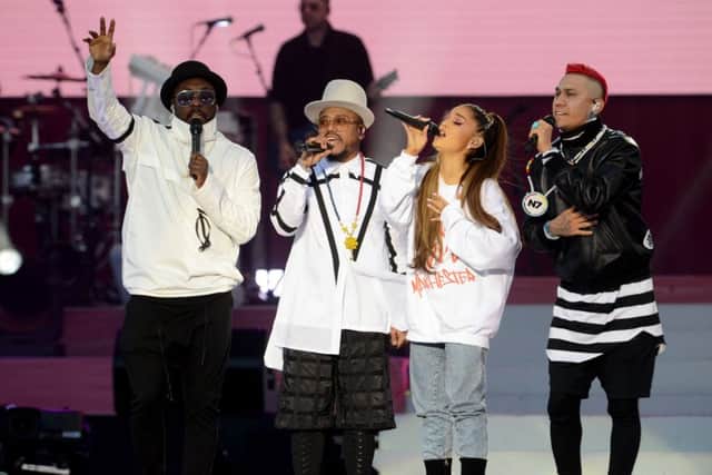 will.i.am, apl.de.ap, Ariana Grande and Taboo performing during the One Love Manchester benefit concert for the victims of the Manchester Arena terror attack                                                                                                                                                                                                   Picture: PA