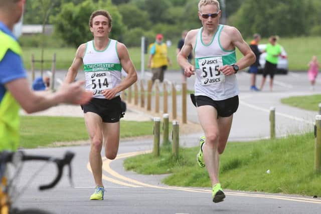 James Baker, right, and Chris Zablocki approach the finish. Picture: Habibur Rahman
