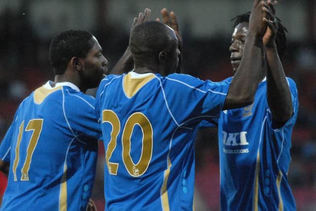 Lomana Lualua celebrates scoring against Bournemouth with Benjani in 2007
