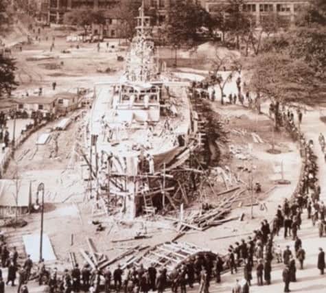 A wooden battleship used for recruitment purposes in New York during the Second World War.                                            Picture: Trevor Jenkins collection