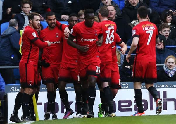 Gavin Massey, centre, celebrates scoring against Pompey for Leyton Orient in January