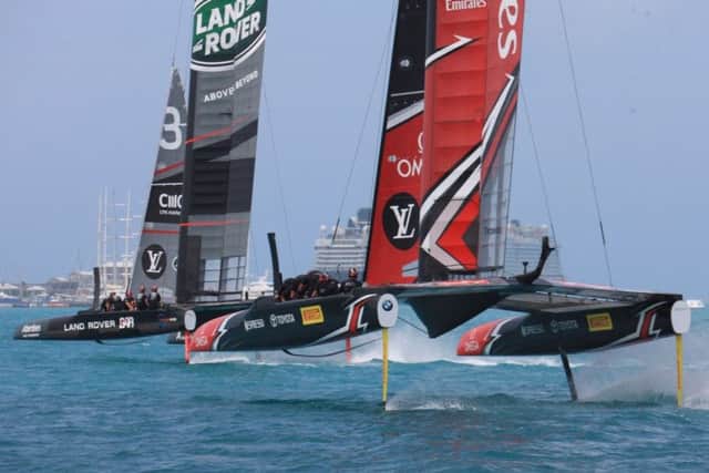 Land Rover BAR and Emirates Team New Zealand do battle in the Americas Cup Challenger Play-off semi-final. Photo Gilles Martin-Raget