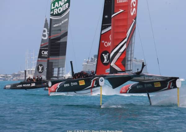 Land Rover BAR and Emirates Team New Zealand do battle in the Americas Cup Challenger Play-off semi-final. Photo Gilles Martin-Raget