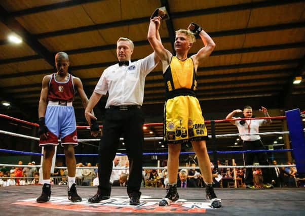 Tommy Maggs celebrates his victory. Picture: England Boxing/Chris Bevan