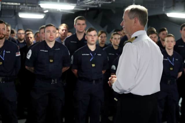 Captain Jerry Kyd addresses the ship's company. Picture: PO Phot Ray Jones