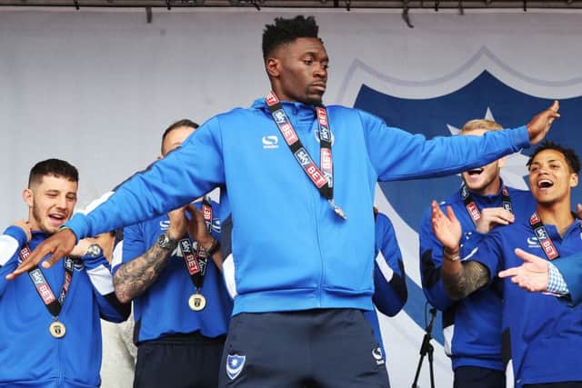 Amine Lingazni celebrates Pompey's League Two title win. Picture: Joe Pepler
