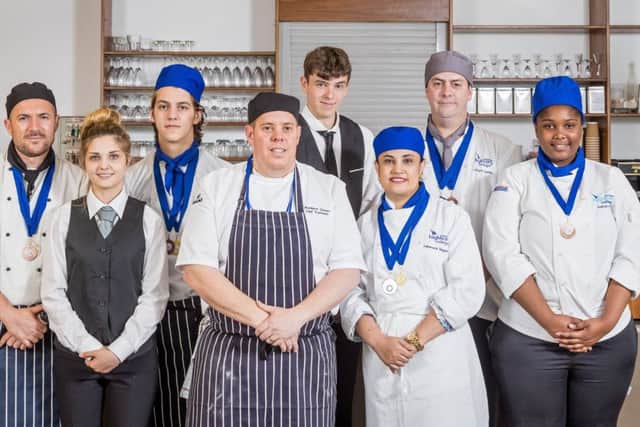 Highbury competitors in the Wessex Salon Culinaire, from left  Keith McAllister, Zoe Castle, Codrut Cosmin Mazilu, tutor Matthew Sussex, George Heasman, Zehanara Poly Begum, Edward Searles and Aaliyah Murray
