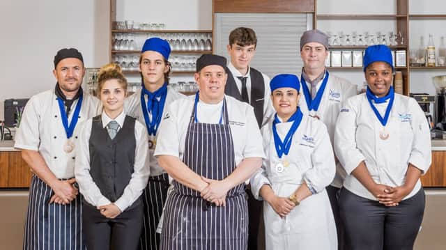 Highbury competitors in the Wessex Salon Culinaire, from left  Keith McAllister, Zoe Castle, Codrut Cosmin Mazilu, tutor Matthew Sussex, George Heasman, Zehanara Poly Begum, Edward Searles and Aaliyah Murray