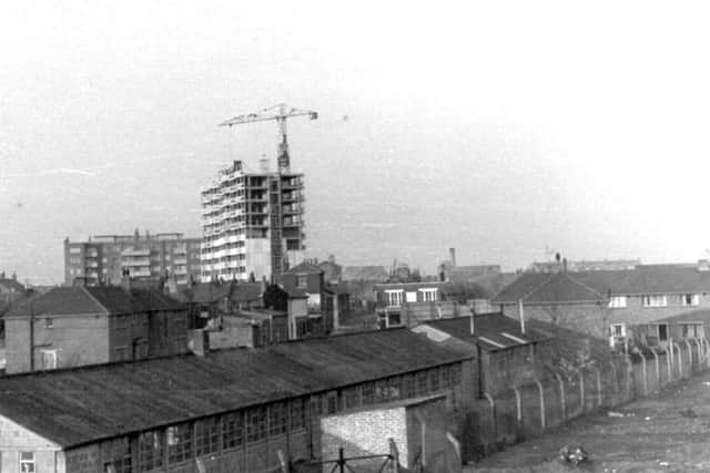 Looking north from Cornwallis House, over prefabs used as a school in the early 1950s.