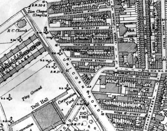 Unicorn Road, Landport, in 1898. Note the gents' urinals at the junction of Unicorn Road and Edinburgh Road.