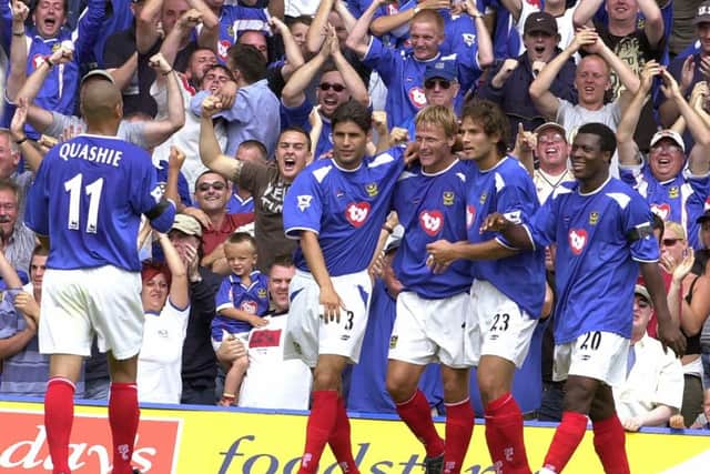 Teddy Sheringham celebrates his goal in Pompey's 2-1 win against Aston Villa on the first day of the 2003-04 Premier League campaign