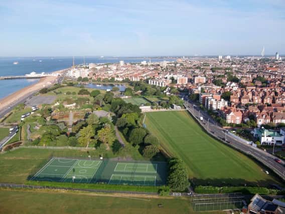An aerial view of the newly-renovated grass courts at Canoe Lake, Southsea