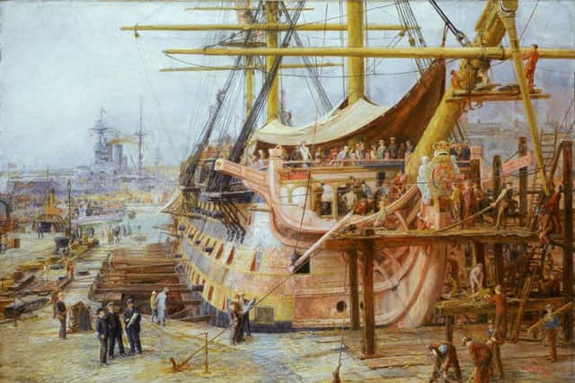 WL Wyllies The Restoration of HMS Victory. Wyllie was the founder of Portsmouth Art Society                 Credit: William Lionel Wyllie and Royal Museums