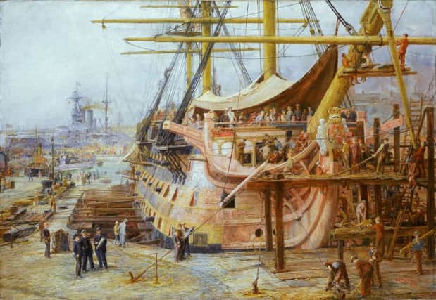 WL Wyllies The Restoration of HMS Victory. Wyllie was the founder of Portsmouth Art Society                 Credit: William Lionel Wyllie and Royal Museums