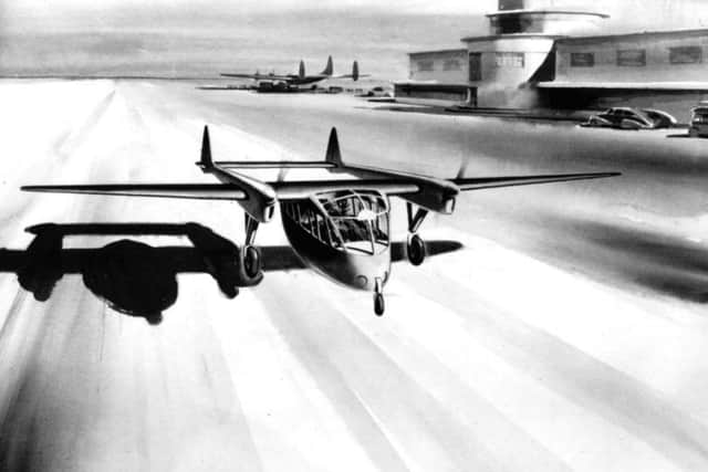 The Land-plane, a variant of the Portsmouth Aerocar, at Portsmouth Airport in an artists impression taken from a sales brochure.
