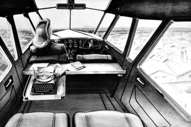 The pilots view from the cockpit of the Portsmouth Aerocar  taken from a sales brochure for the aircraft.