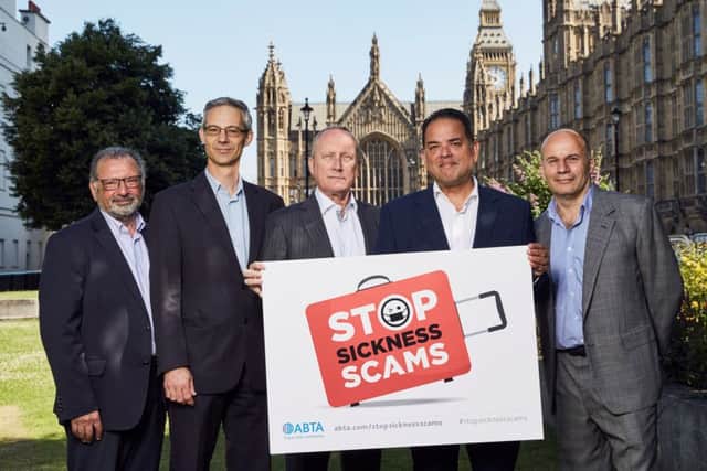(Left to right) Noel Josephides, ABTA Chairman and Chairman of Sunvil Holidays, Richard Francis, MD Monarch Tour Operations, Chris Mottershead, MD Thomas Cook UK&I Nick Longman, MD TUI UK&I Mark Tanzer, Chief Executive ABTA as UK holidaymakers could be banned from all-inclusive breaks unless they stop making bogus food poisoning claims, tour operators have warned. Picture: Abta/PA Wire