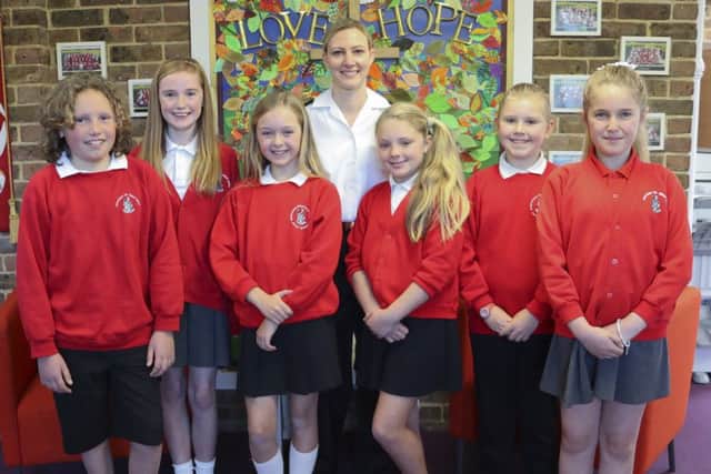 AB Emma Cutler with pupils Ollie Payne, Isobel Turner, Eleanor Warringer,  Matilda Mearns, Annabelle Malam, and Molly Last