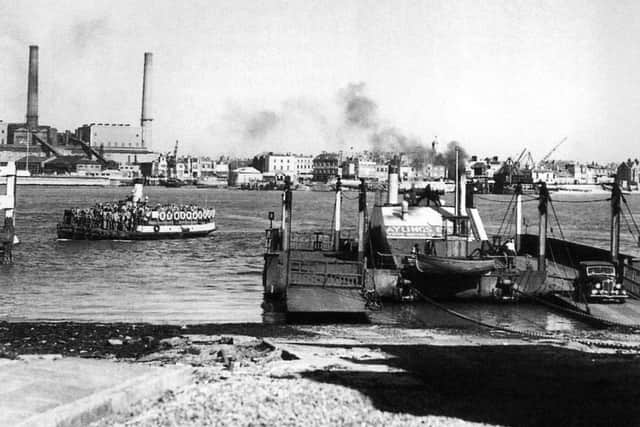 In a much-changed scene looking across the harbour to Portsmouth from Gosport, the power station, this old Gosport ferry, the floating bridge and the Wolseley have all passed into history.