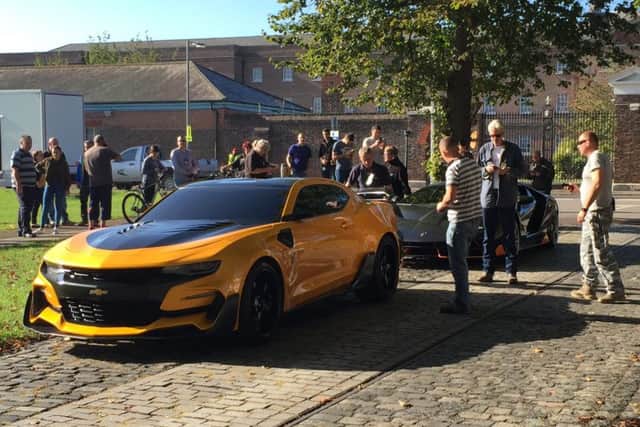 Bumblebee pictured at  Royal Navy Submarine Museum during filming for the latest Transformers movie
